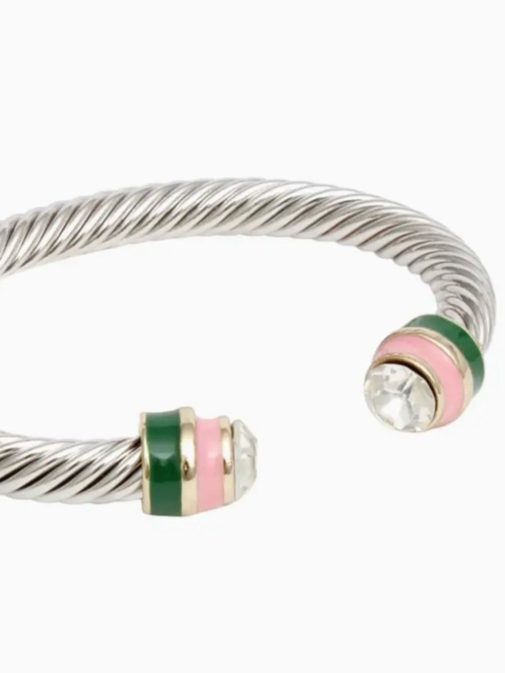 Silver-Tone Open Cuff Bangle with Pink and Green Enamel Accents